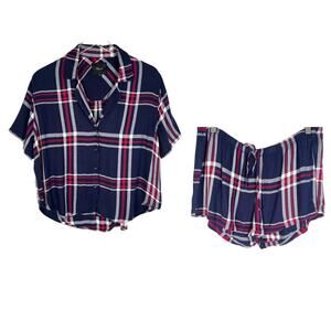 Rails Plaid Midnight White Cherry PJ Pajama Set Short M/L Soft Loungewear